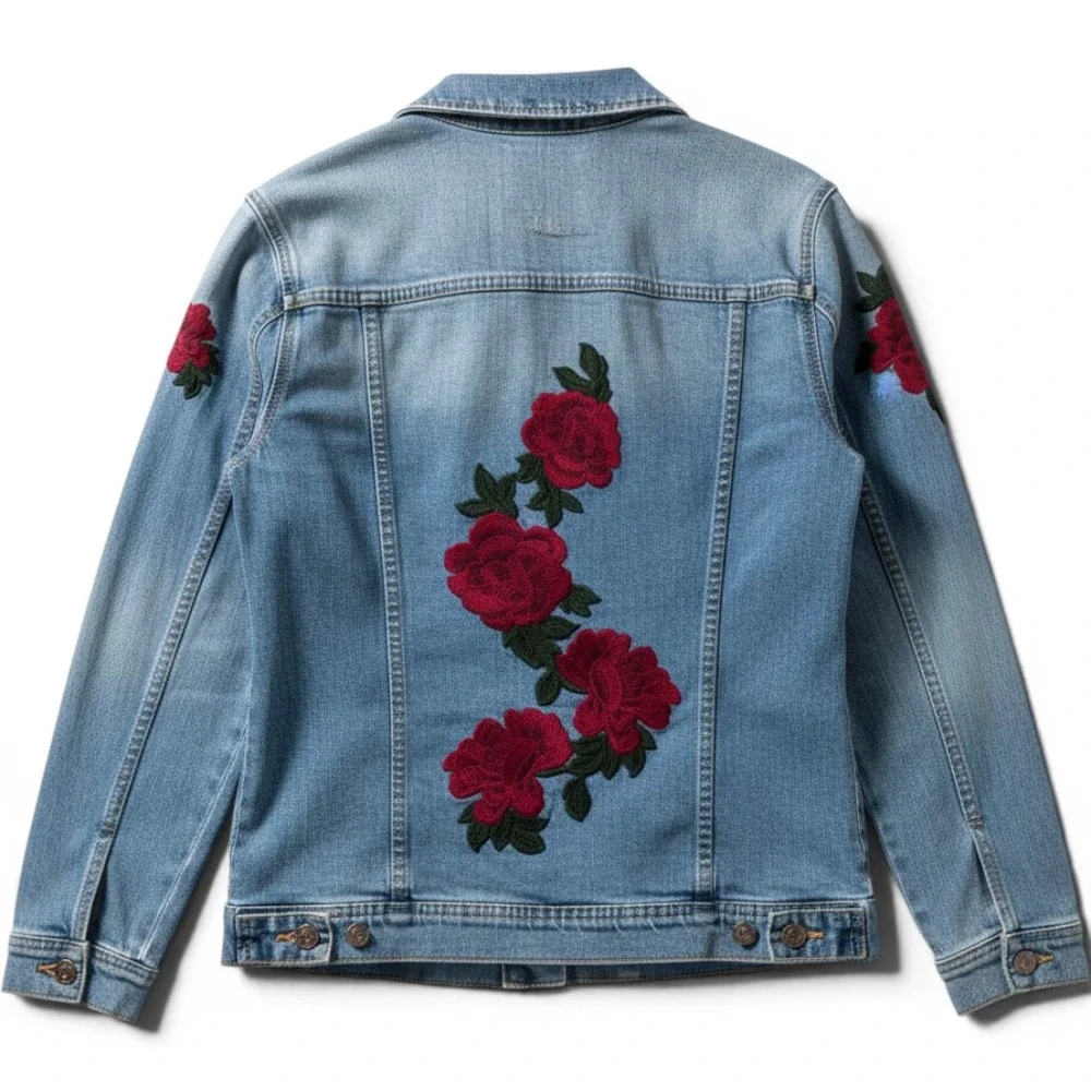 Arizona Jean Women's Size L Denim Jacket Embroidered Roses 90s Grunge ALT E-Girl
